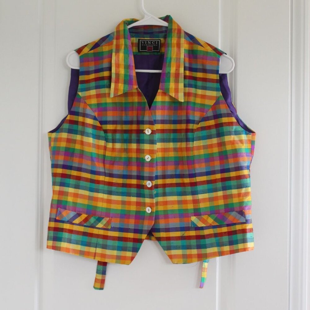 Vintage Vinci Madras Checks Vest Silk  Women's Sz XL Colorful Like Madras Baggu